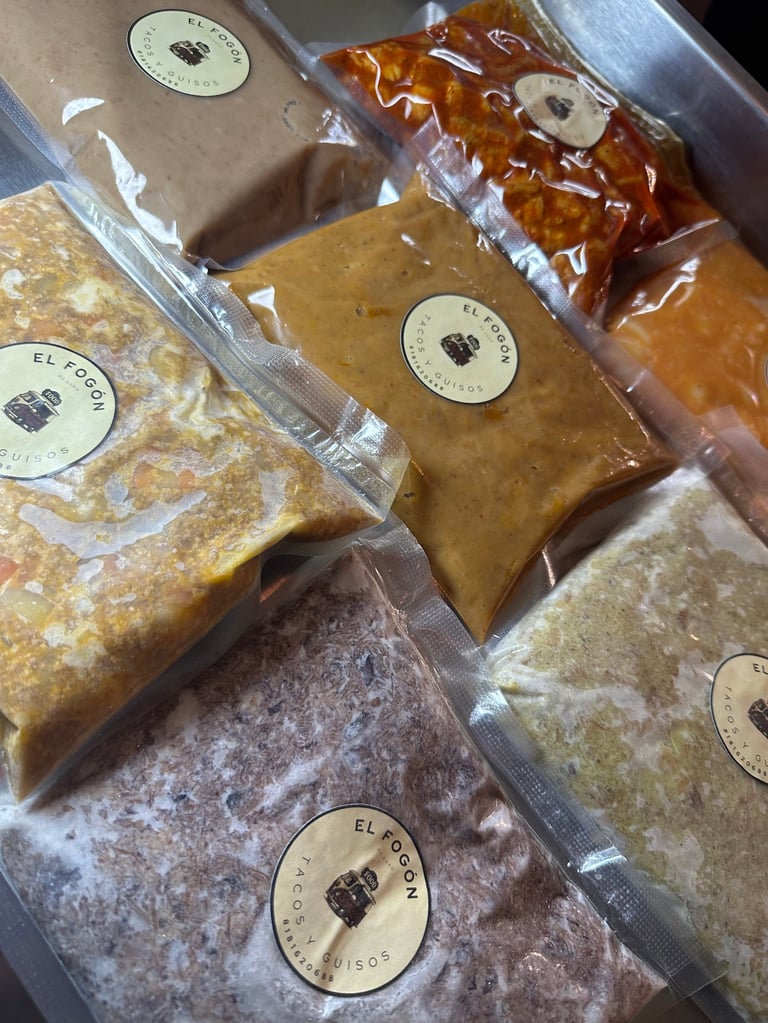 Assorted packaged gourmet food products with round labels, displayed in clear plastic bags showing various textures and colors
