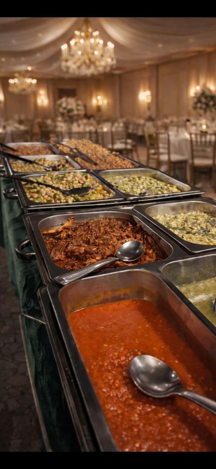 Elegant banquet hall with catering buffet line featuring multiple chafing dishes with various foods and serving spoons, chandeliers, and formal table settings in background